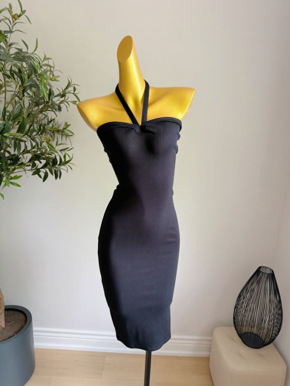 Zara Black Ribbed Halter Neck Bodycon Midi Dress S NWT